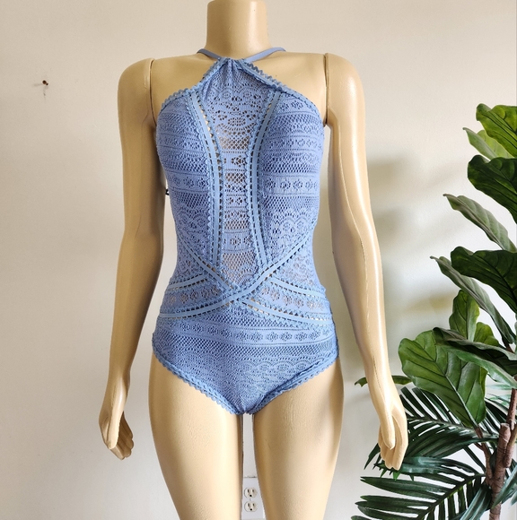 Becca High-Neck Illusion Crochet One-Piece Swimsuit Baby Blue Color Size M - Picture 1 of 11